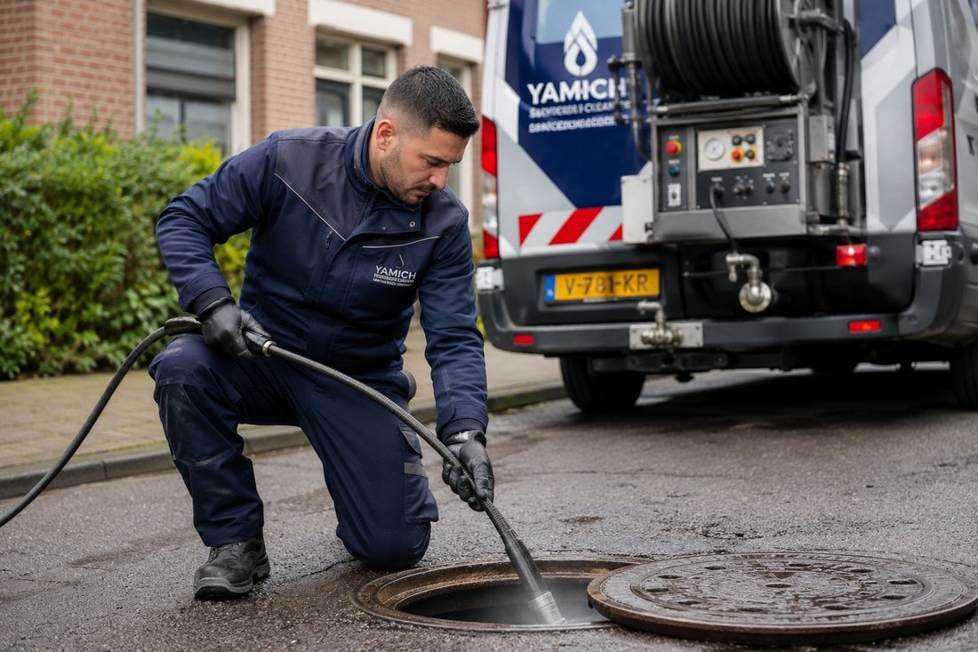 Yamich technicus verhelpt een rioolverstopping met hogedrukslang in Antwerpen