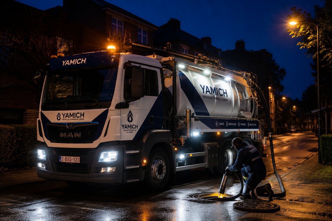 Yamich zuigwagen tijdens een 24/7 noodinterventie 's nachts in Antwerpen