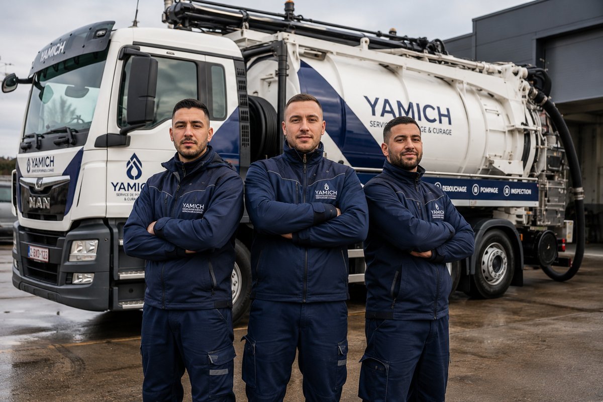 Het team van Yamich voor hun zuigwagen in Antwerpen